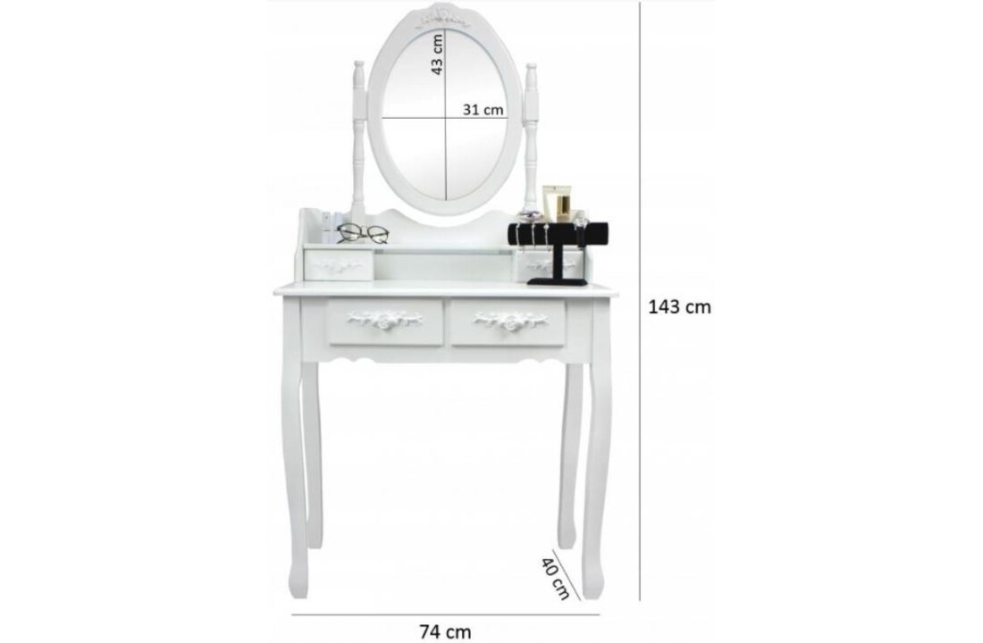 Make up tafel wit met spiegel en kruk - MDF, 74x143cm