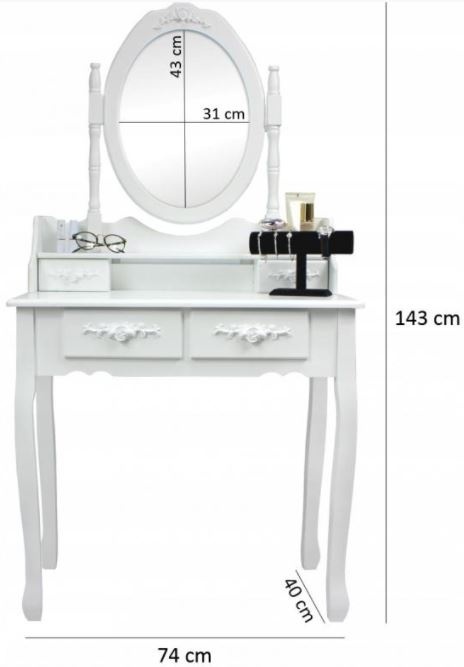 Make up tafel wit met spiegel en kruk - MDF, 74x143cm