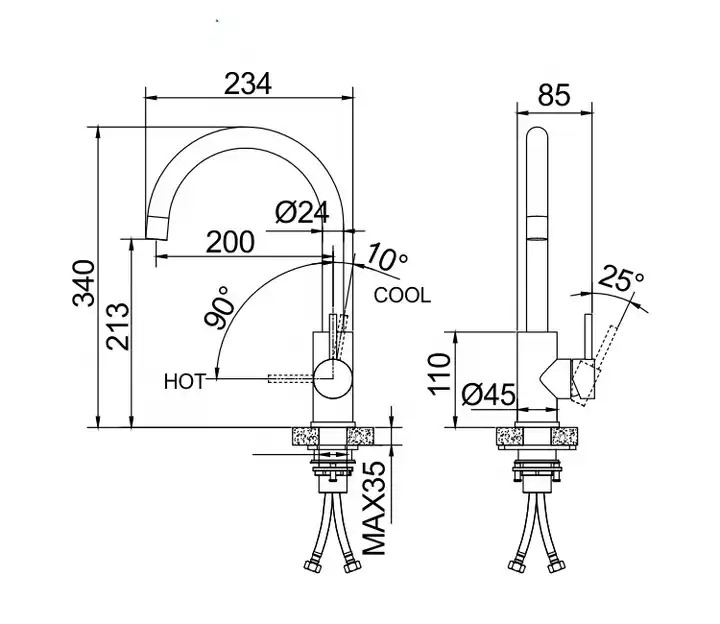Eengreeps keukenkraan RVS 35mm 7,5L/M Mengkraan