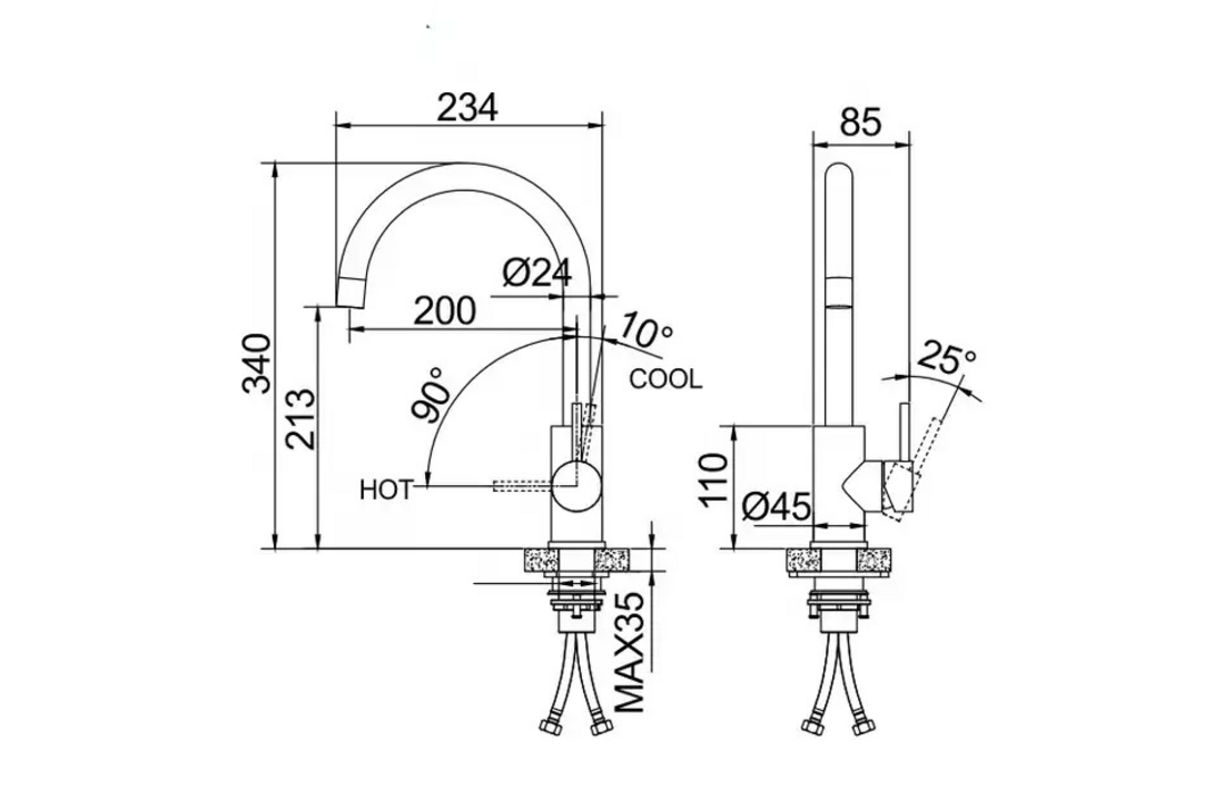 RVS keukenkraan gebogen uitloop - 35mm, RVS, Zilver
