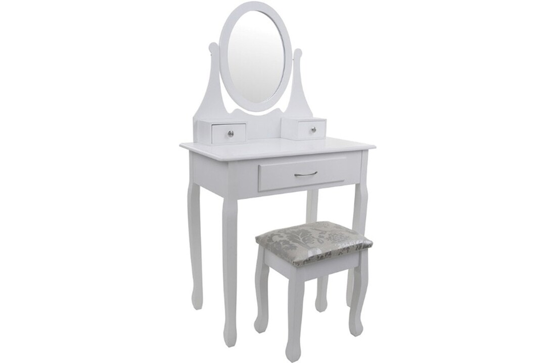 Witte kaptafel met spiegel en kruk - 75x40x137cm MDF/Grenenhout