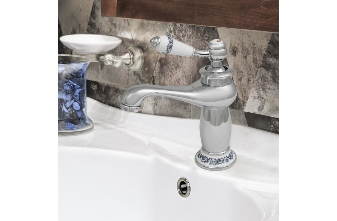 Vintage wastafelkraan bloemen - chroom messing 6,5x11x21cm