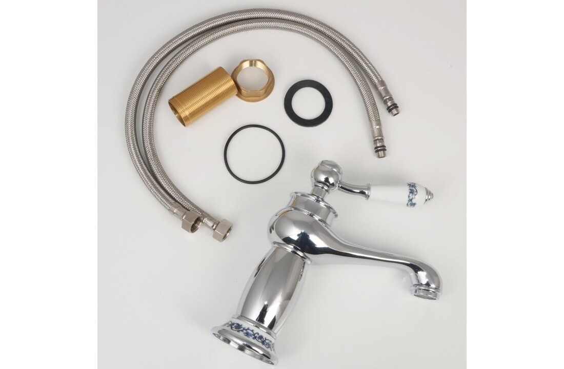 Vintage wastafelkraan bloemen - chroom messing 6,5x11x21cm