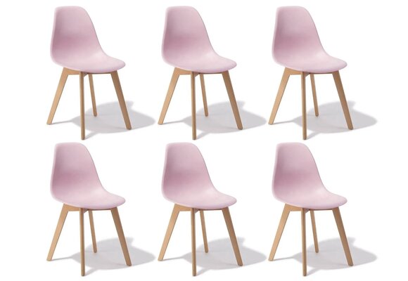 Eetkamerstoelen roze - Set van 6, Scandinavisch, Polypropyleen & Beukenhout
