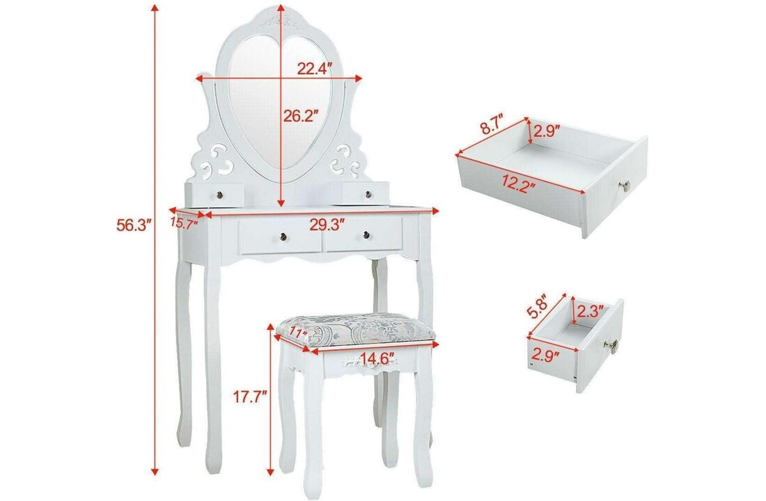 Kaptafel wit met krukje | 75x40x143cm | MDF & grenenhout