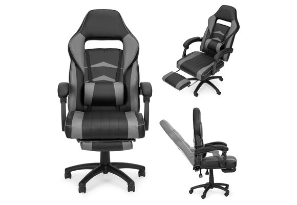 Gamestoel met voetensteun - Ergonomisch, Eco-leer Zwart/Grijs, 67x63x127cm