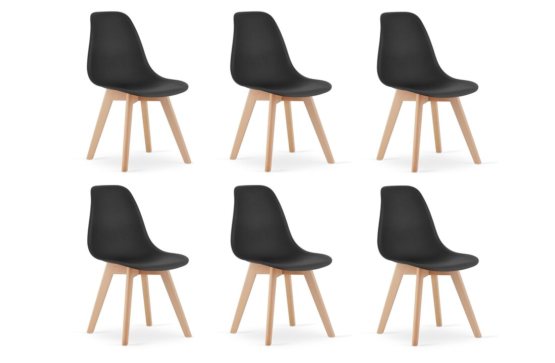 Eetkamerstoelen set 6 - Scandinavisch design, zwart polypropyleen, beukenhouten poten