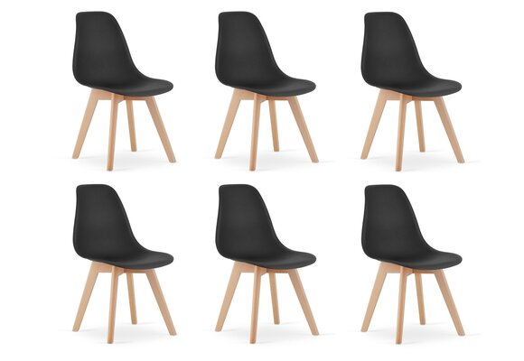 Eetkamerstoelen set 6 - Scandinavisch design, zwart polypropyleen, beukenhouten poten