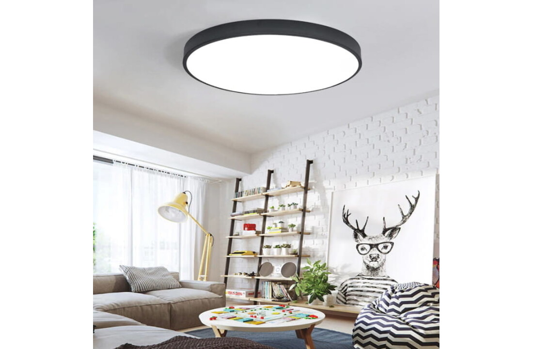 Plafondlamp rond zwart 40cm, 6cm dik, metaal