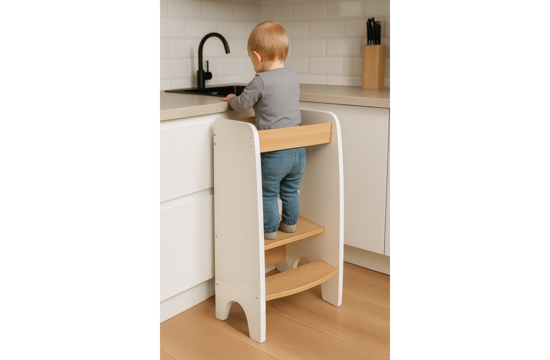 Opstapje kind keuken: Leertoren verstelbaar (90cm hoog) - Wit