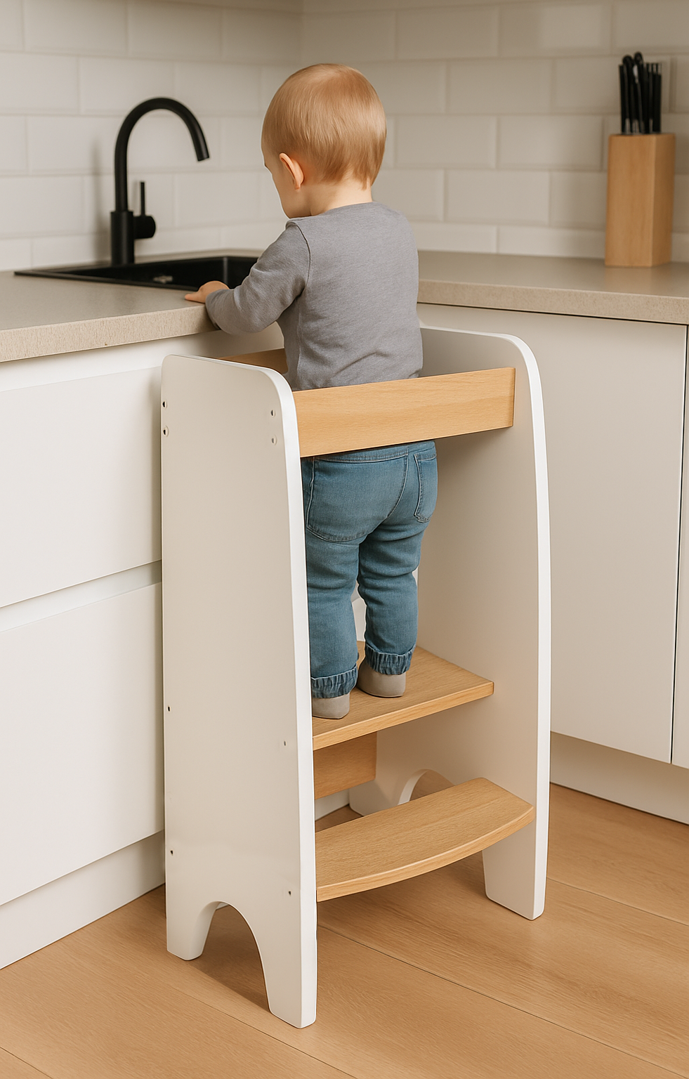 Opstapje kind keuken: Leertoren verstelbaar (90cm hoog) - Wit