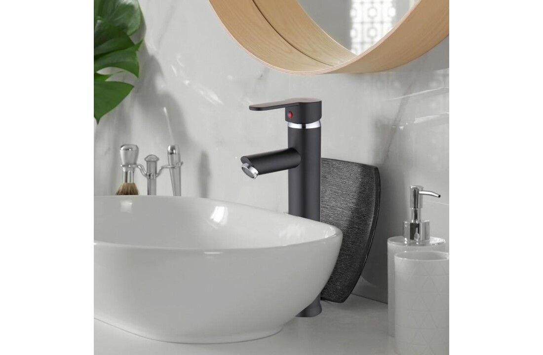 Hoge wastafelkraan mat zwart - 31cm RVS vrijstaand