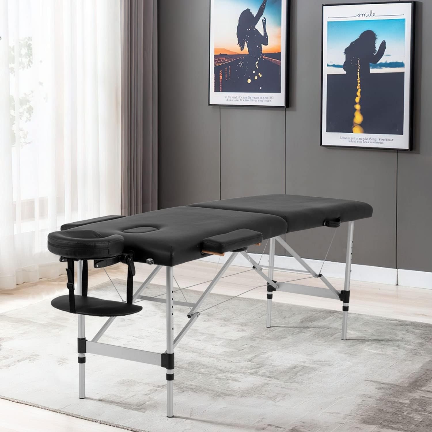 Massagetafel inklapbaar, 2 secties, aluminium, zwart, 185x70cm