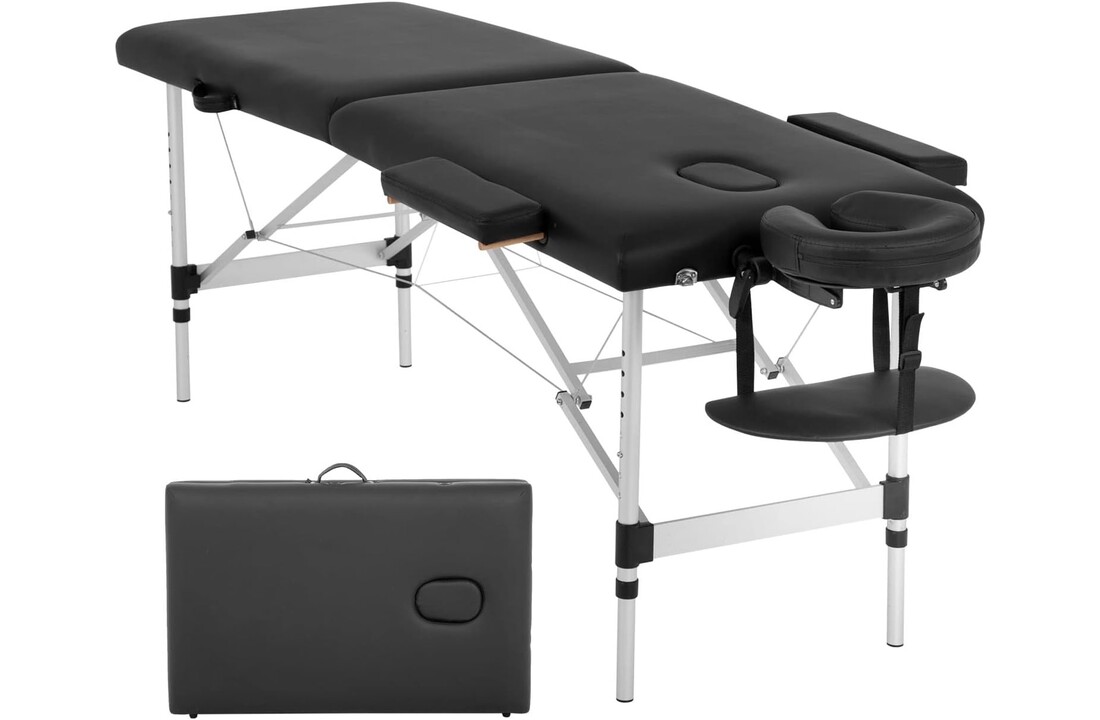 Aluminium massagetafel - inklapbaar, 185x70cm, zwart, 2 secties