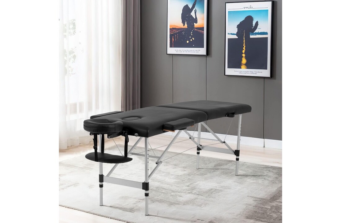 Aluminium massagetafel - inklapbaar, 185x70cm, zwart, 2 secties