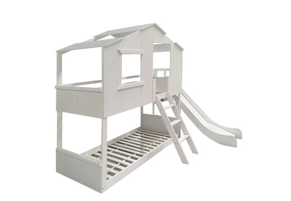Stapelbed met glijbaan | Bedhuisje 90x200 | Wit Grenenhout/MDF