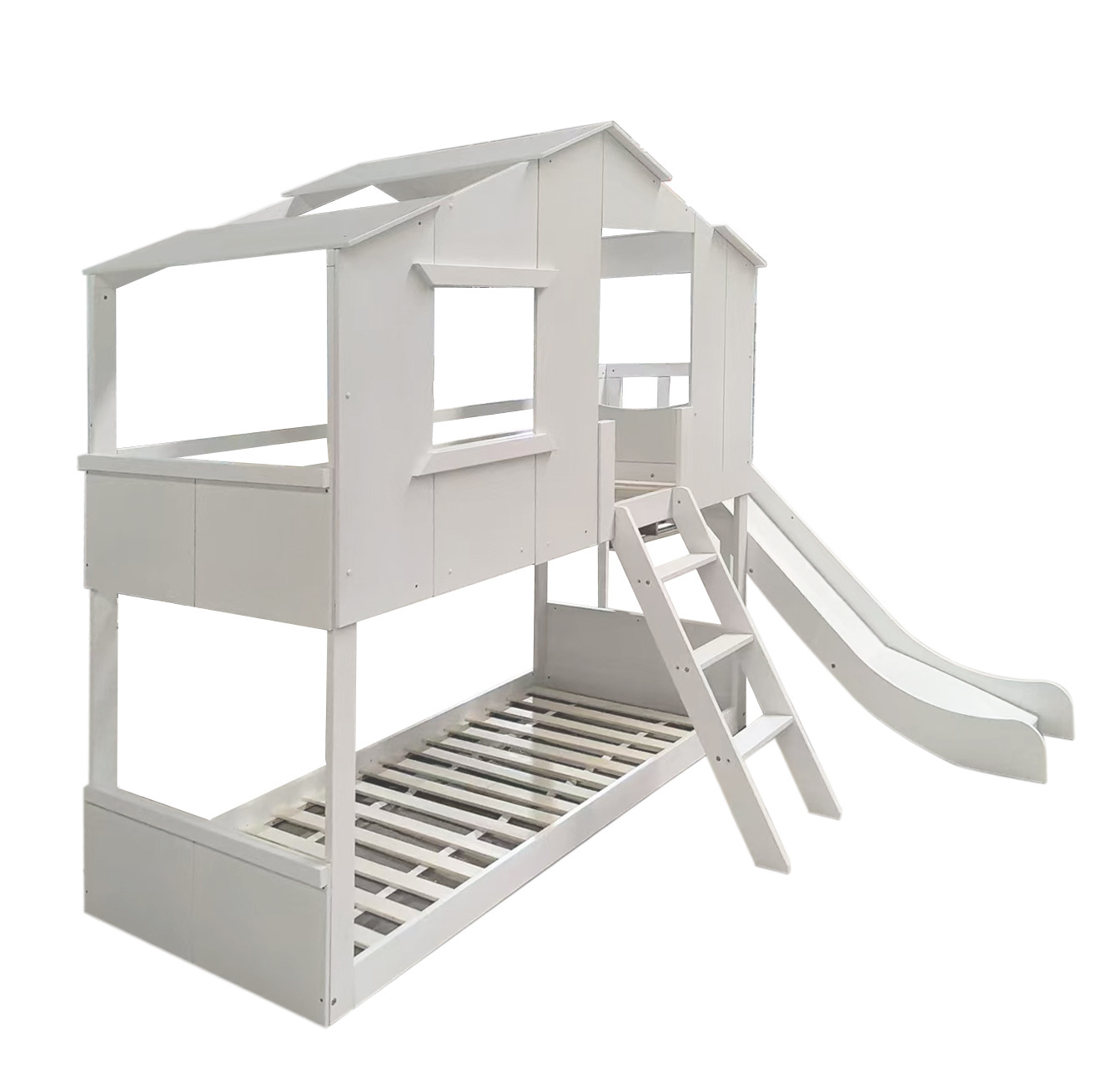 Stapelbed met glijbaan | Bedhuisje 90x200 | Wit Grenenhout/MDF