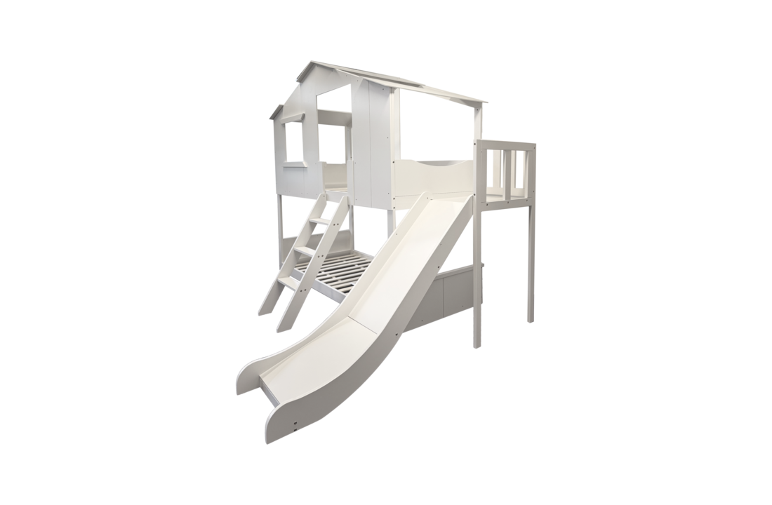 Stapelbed met glijbaan | Bedhuisje 90x200 | Wit Grenenhout/MDF