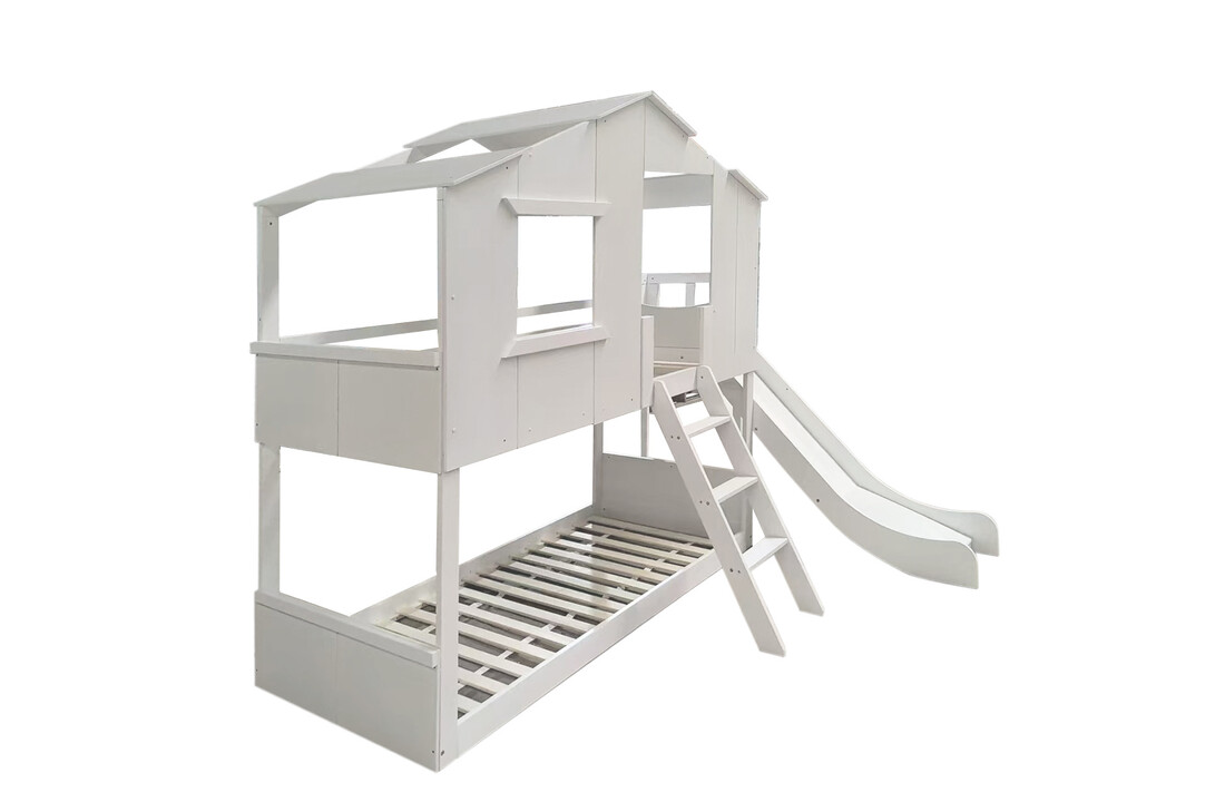 Bedhuisje kind stapelbed met glijbaan 90x200 wit grenenhout/MDF