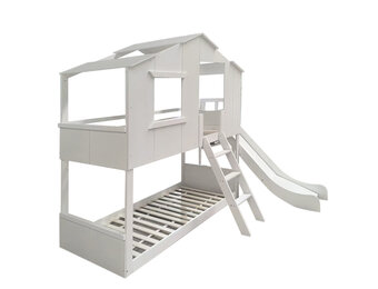 Houten stapelbed 90x200 met glijbaan - Wit, Grenenhout/MDF