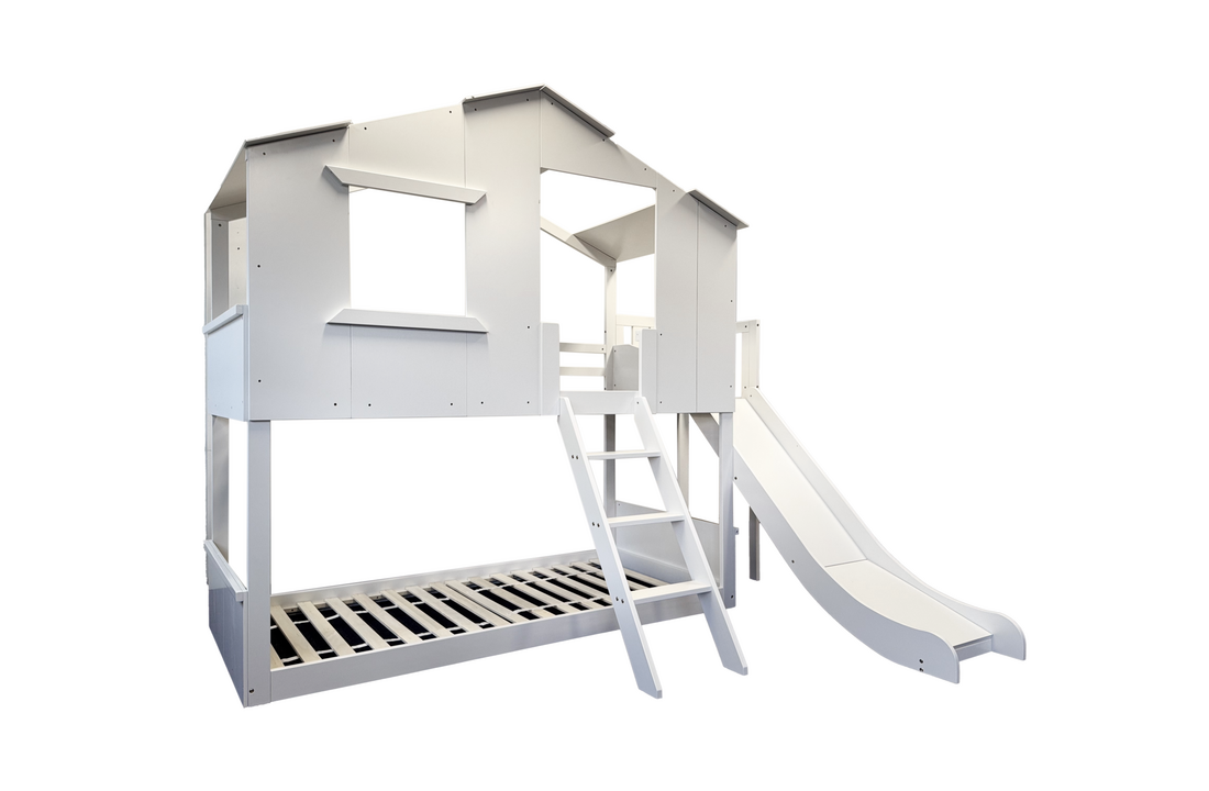 Houten stapelbed 90x200 met glijbaan - Wit, Grenenhout/MDF