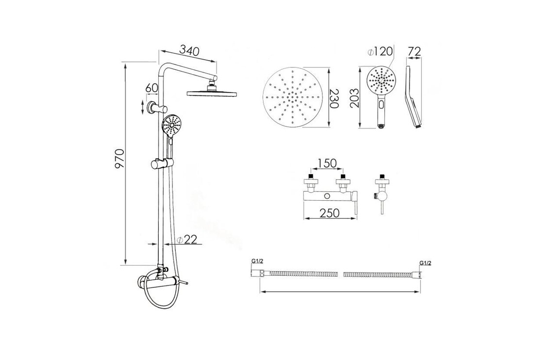Regendouche goud thermostaatkraan | Messing & RVS | 23 cm