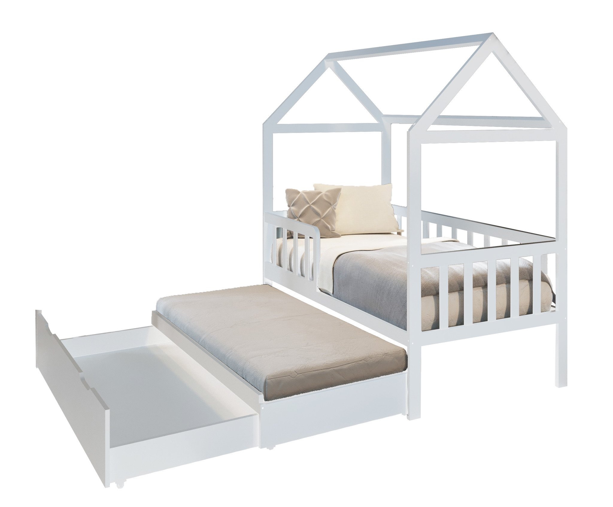 Huisbed kind 160x80 cm | Wit Vurenhout | Met Lade & Logeerbed