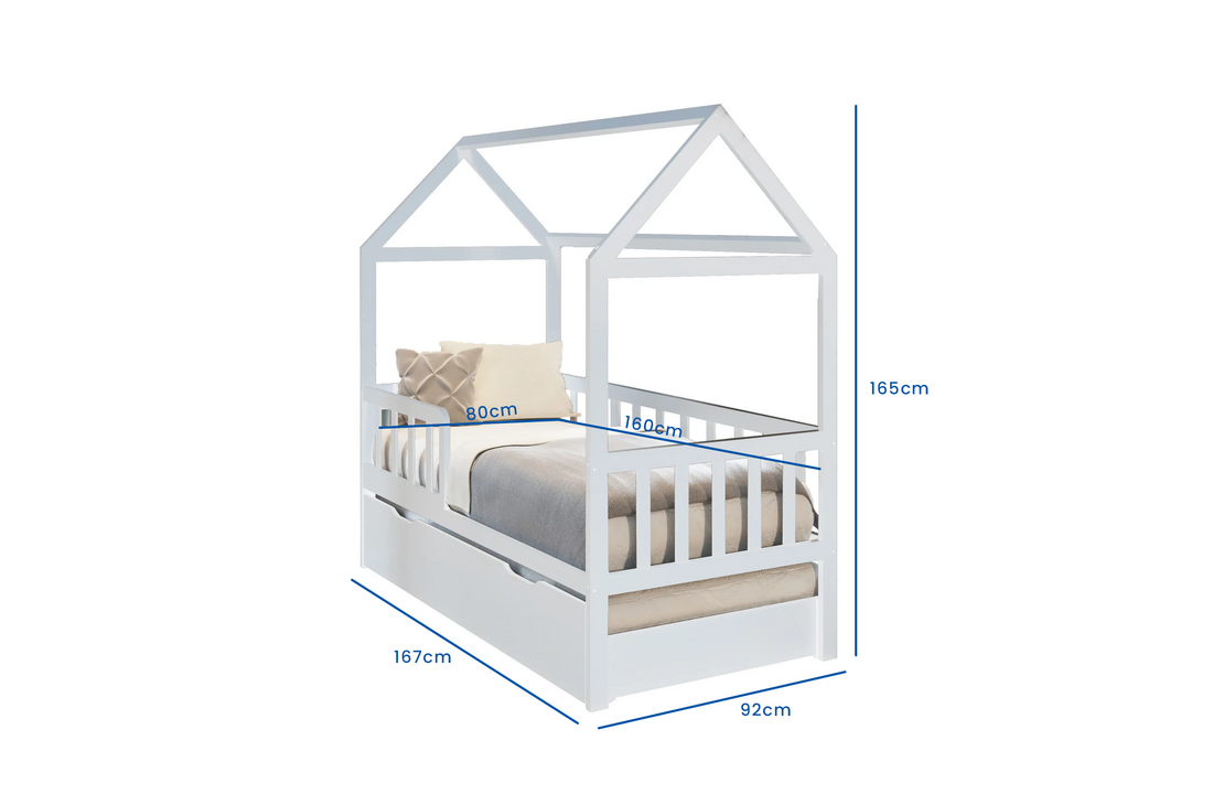 Huisbed kind 160x80 cm | Wit Vurenhout | Met Lade & Logeerbed