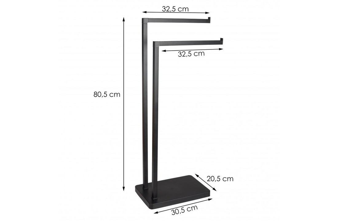 Handdoekhouder zwart: 2-armig, 80.5cm hoog, gepoedercoat staal