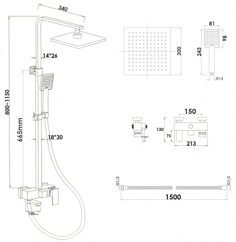 Chroom douchekraan met handdouche - 30cm regendouche & messing