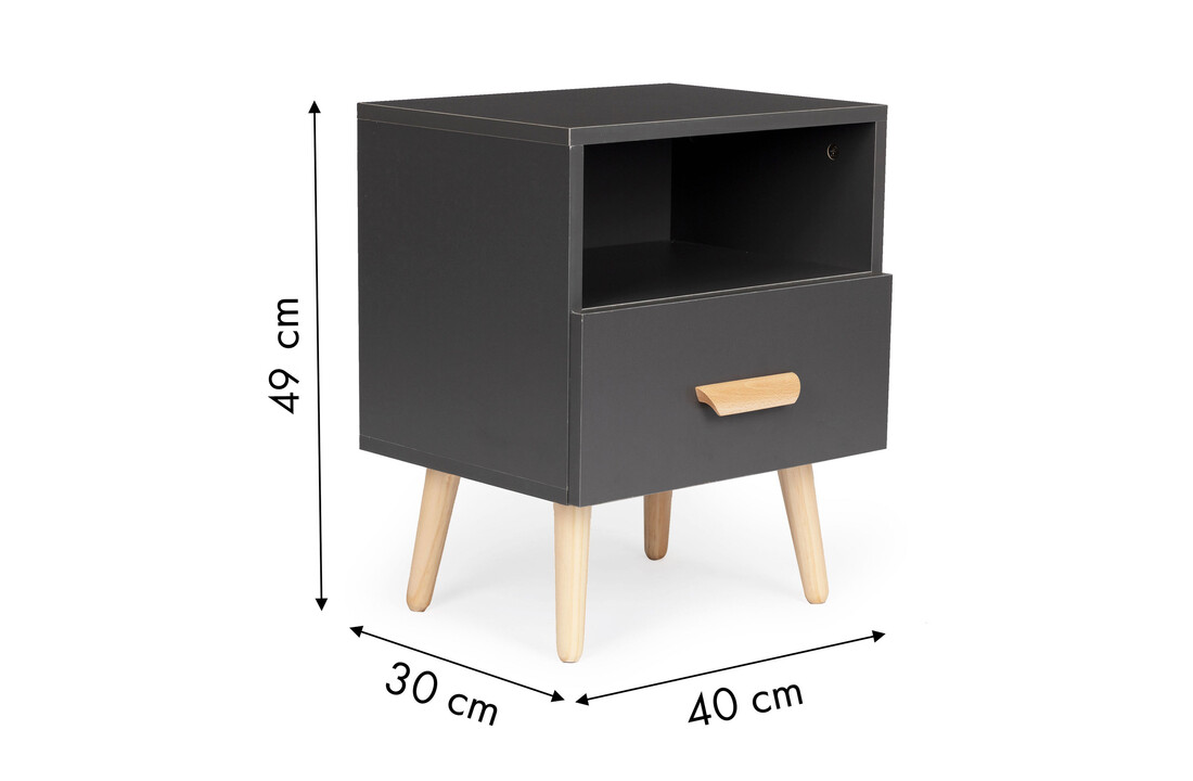 Mid Century nachtkastje antraciet - 40x30x38 cm - MDF/Grenen