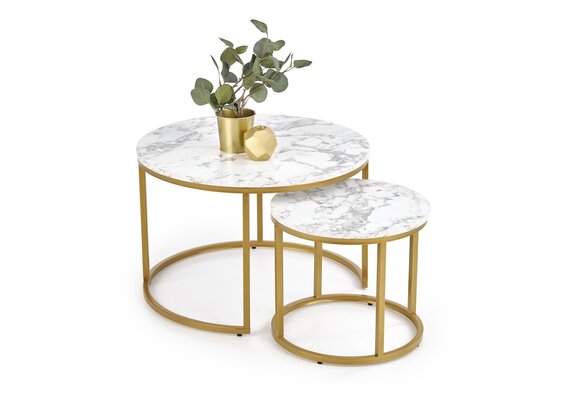 Marmer salontafel goud: PAOLA set 2 ronde tafels, Ø38/60cm, MDF/Goud