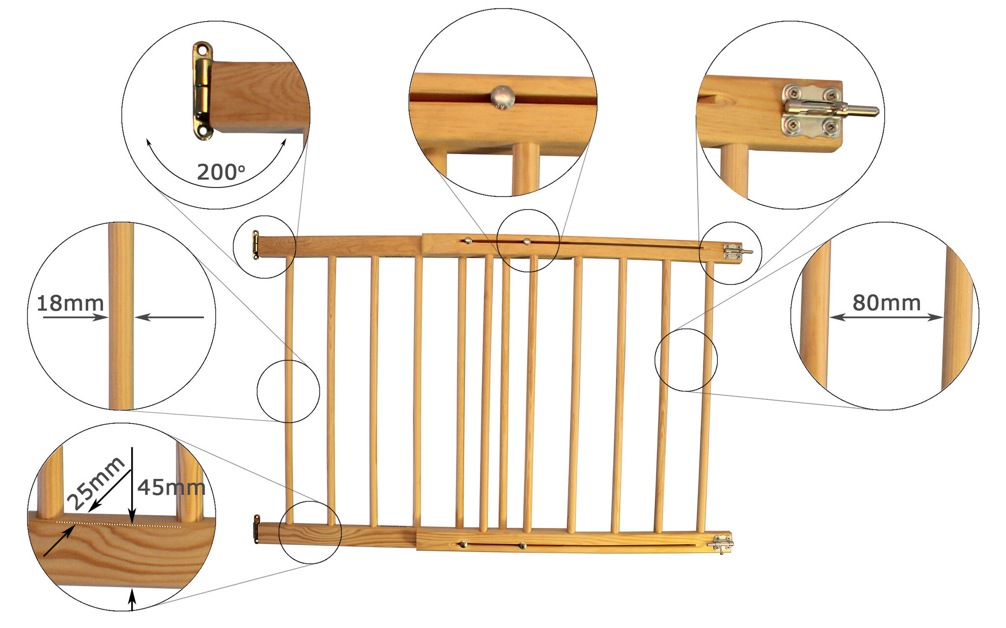 Houten traphek verstelbaar 102-182 cm breed, 100 cm hoog, naturel