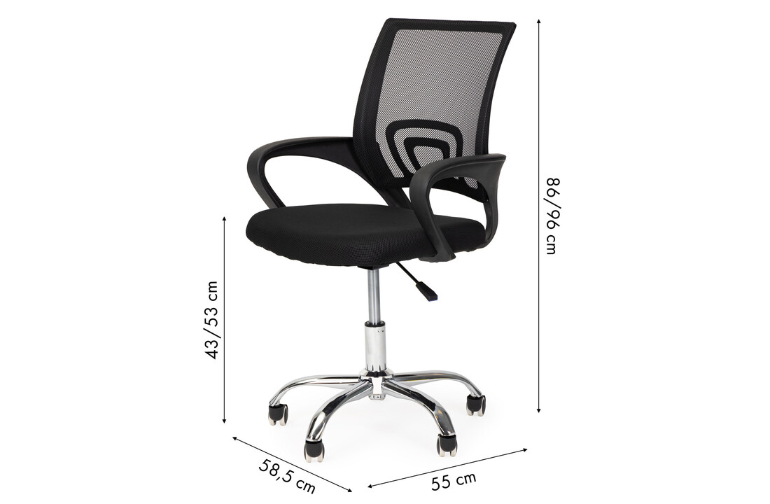 Ergonomische bureaustoel zwart - Comfort & Stijl (LxBxH 86-96x58,5x55cm, Mesh, Metaal)