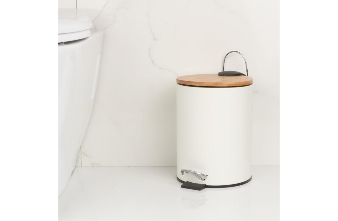 Prullenbak badkamer bamboe - 3L wit staal & bamboe
