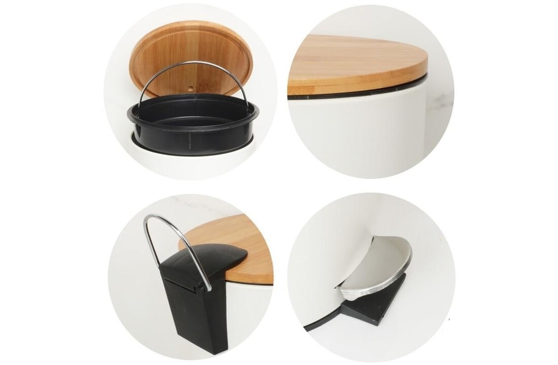 Prullenbak badkamer bamboe - 3L wit staal & bamboe