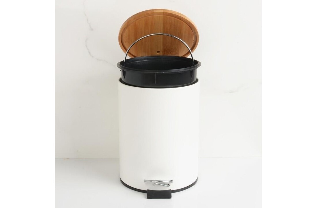 Prullenbak badkamer bamboe - 3L wit staal & bamboe