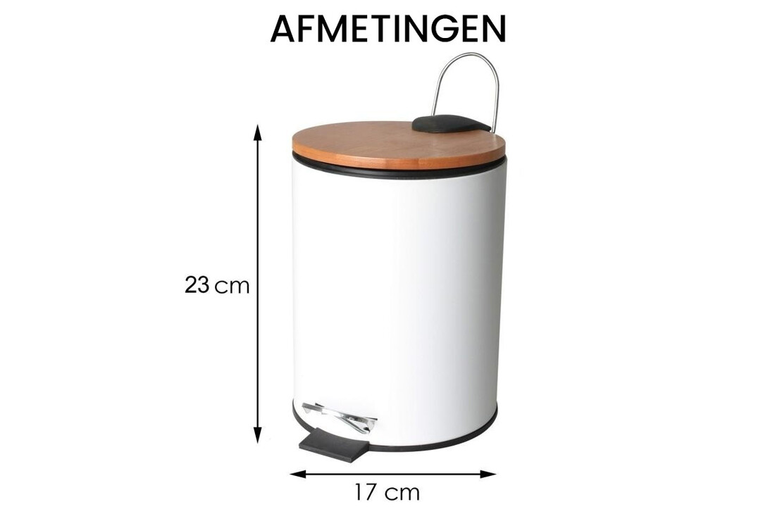Prullenbak badkamer bamboe - 3L wit staal & bamboe