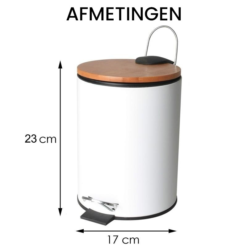 Prullenbak badkamer bamboe - 3L wit staal & bamboe