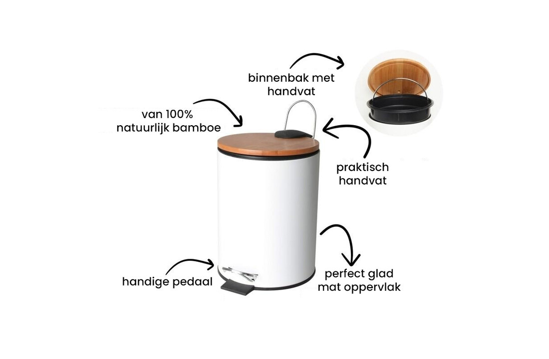 Prullenbak badkamer bamboe - 3L wit staal & bamboe