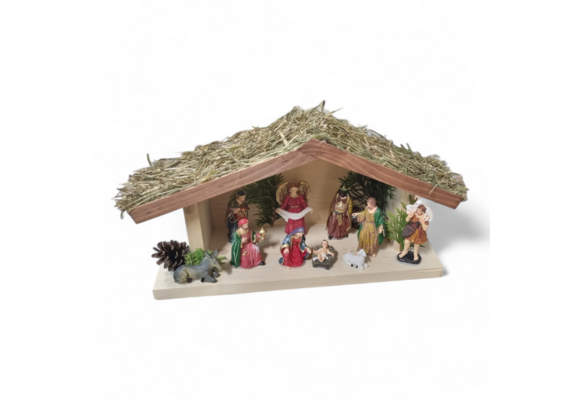 Kerststal hout met figuren - 45x16x26 cm - Multicolor, Hout/Gips