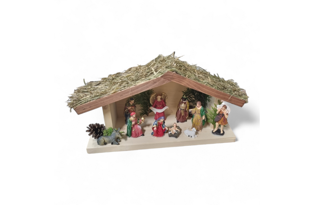 Houten kerststal met strooien dak - 45x16x26cm - Hout, Gips, Multicolor