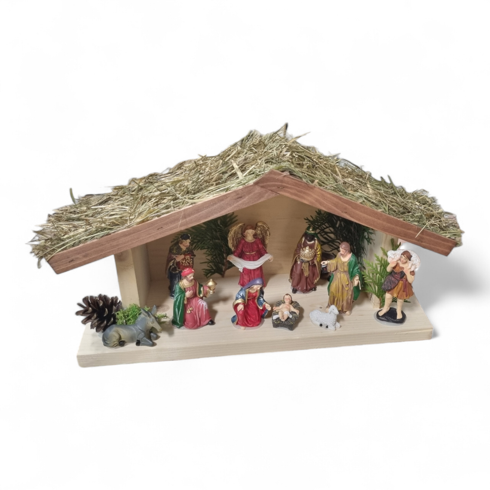 Houten kerststal met strooien dak - 45x16x26cm - Hout, Gips, Multicolor