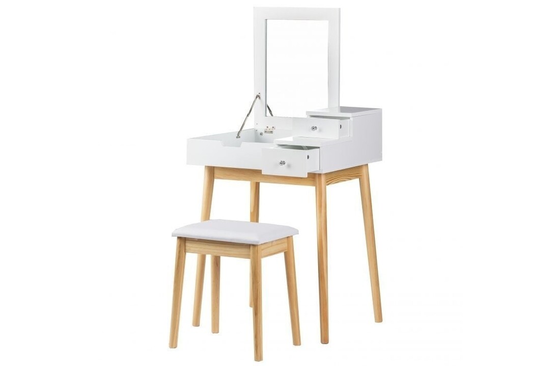 Kaptafel met spiegel | Wit MDF & grenenhout | 60x50x76 cm