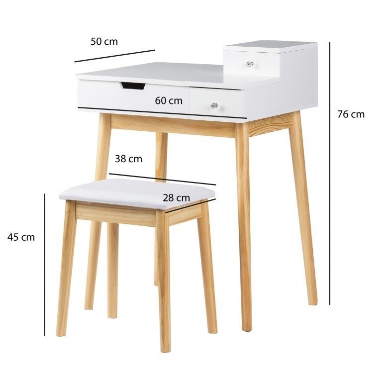 Kaptafel met spiegel | Wit MDF & grenenhout | 60x50x76 cm