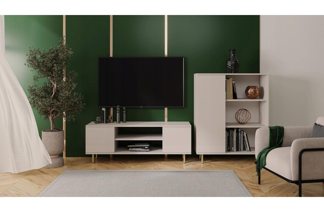 Ladekast wonen: Stijlvol TV meubel in crème met gouden pootjes - 155cm