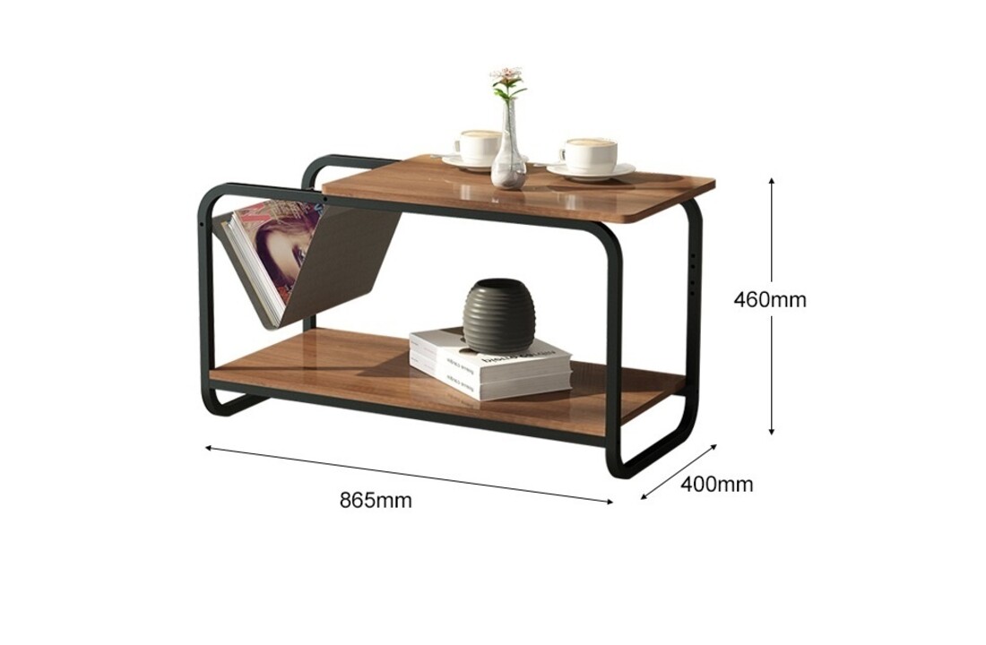 Bijzettafel met krantenbak, 86,5x40x46cm, bruin/grijs, MDF/metaal