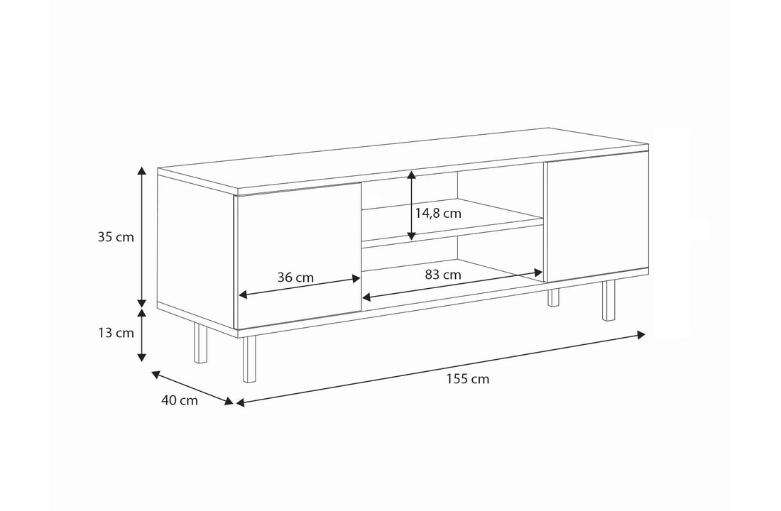 Tv meubel crème 155x40x48 cm | Met zwarte poten & 2 deuren