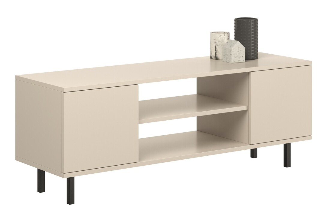 Tv meubel crème 155x40x48 cm | Met zwarte poten & 2 deuren