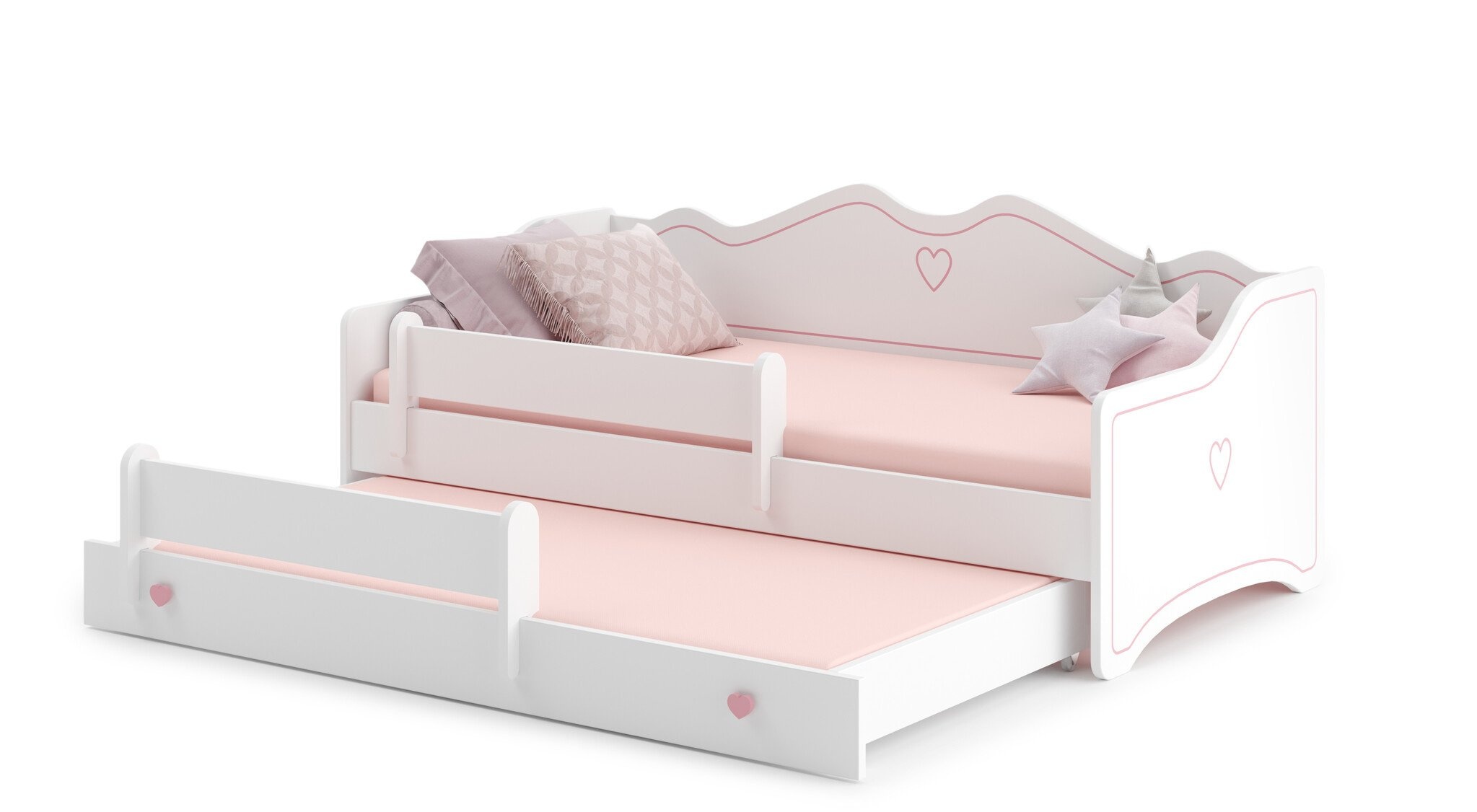 Bedbank kind roze - 160x80cm - Wit met Hartjesprint - Incl. 2 Matrassen